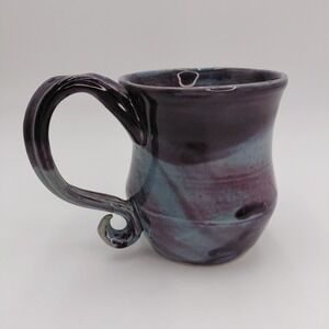 Handmade Pottery Mug Stoneware Purple Teal Glazed Raw‎ Bottom Farmhouse Artist